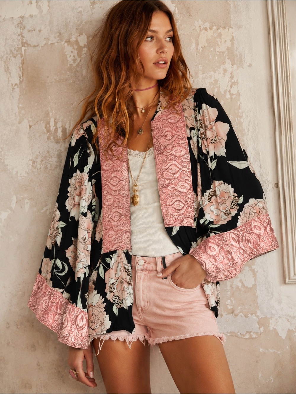 🌸 Jaase Floral Embroidered Open Front Bell Sleeve Boho Kimono Top XL